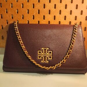 Tory Burch Britten Combo Plum Maroon Leather Crossbody Shoulder Bag
